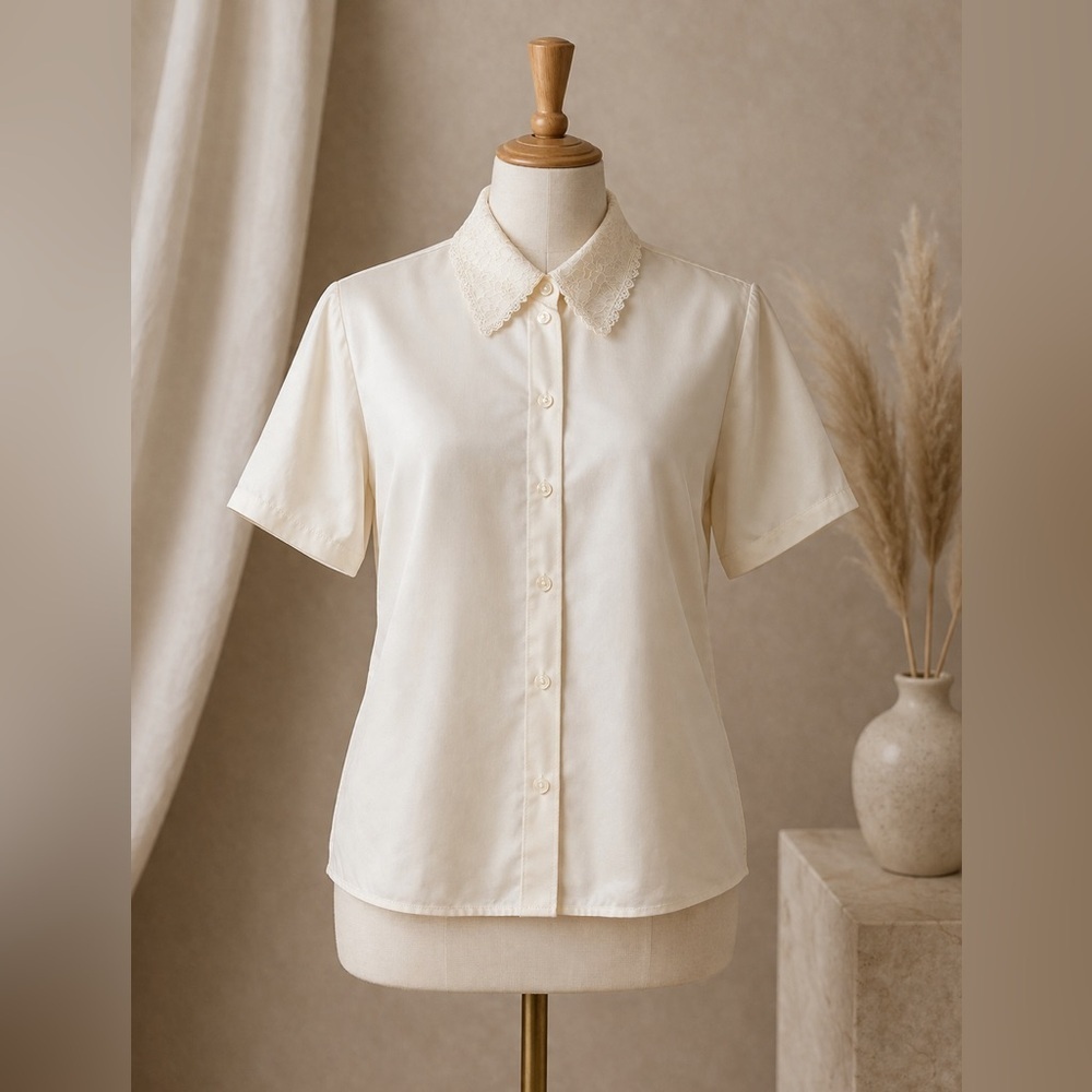Vintage Cream Satin Blouse Lace Collar Short Sleeve Functional Sz 16